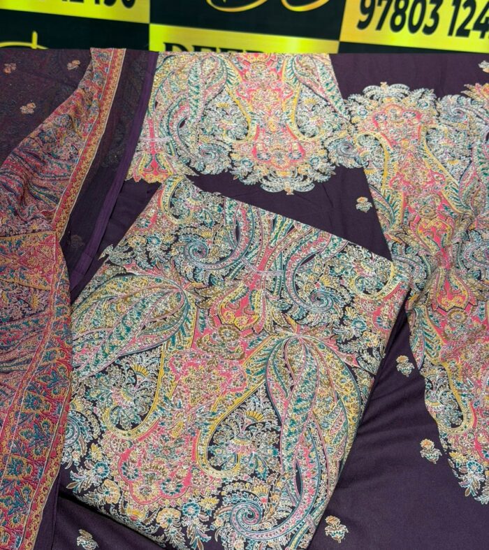 Elegant Plum Unstitched Suit Set with Vibrant Kani Paisley Print and Matching Dupatta