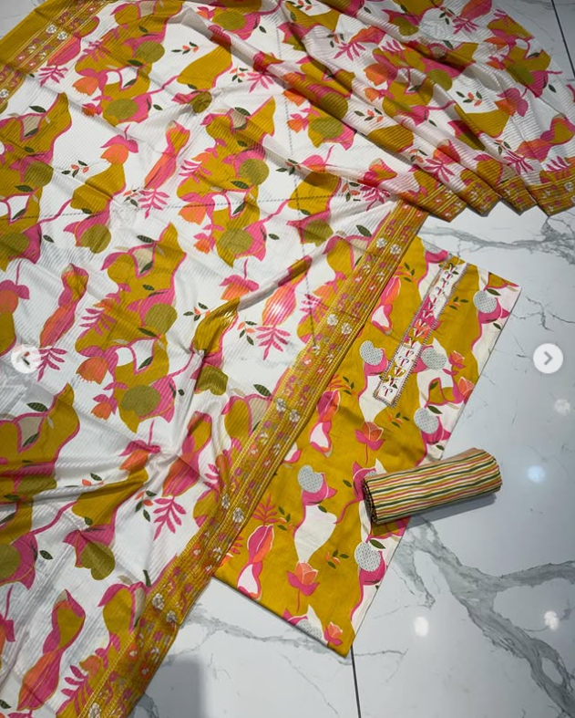 Mustard & Pink Floral Print Suit Set with Striped Bottoms