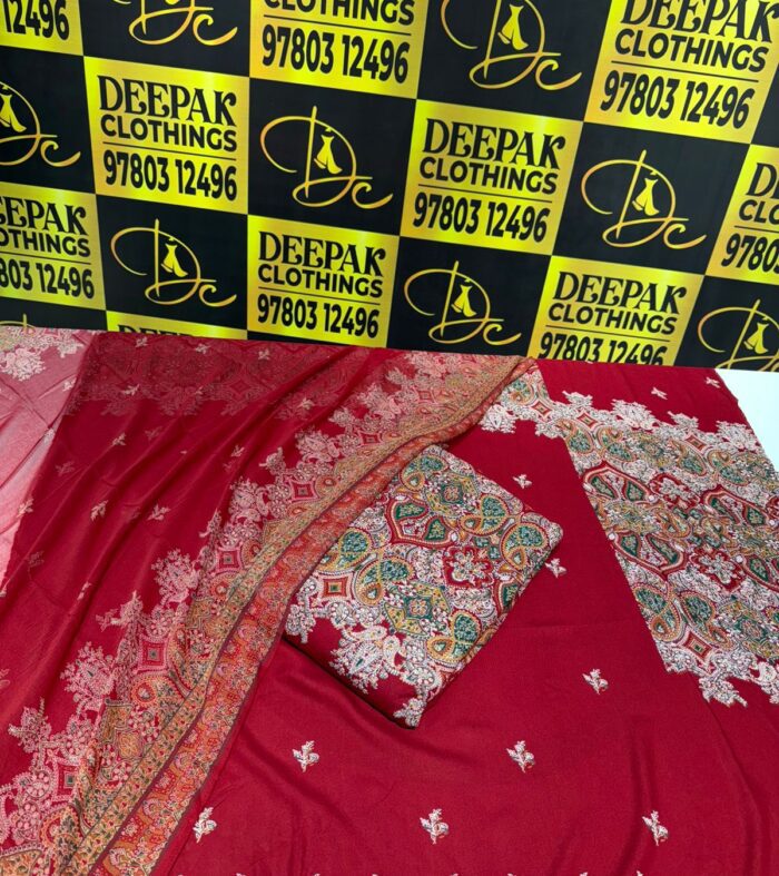 Premium Maroon Pashmina Unstitched Suit with Intricate Kani Style Print and Matching Dupatta