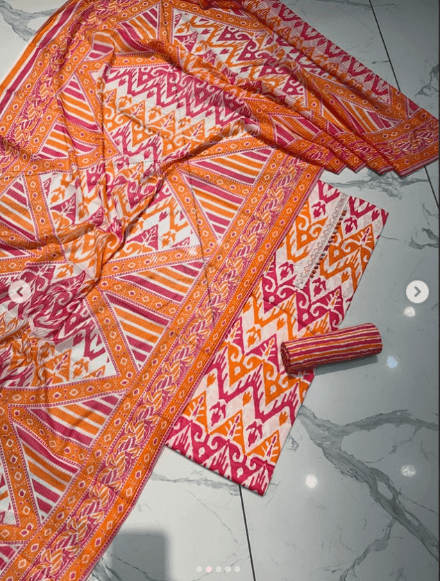 Mustard & Pink Floral Print Suit Set with Striped Bottoms - Image 4