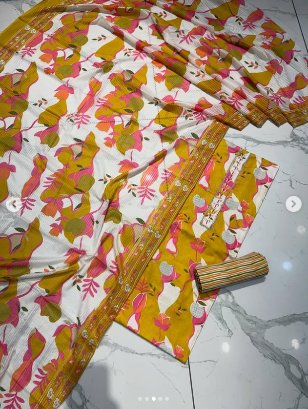 Mustard & Pink Floral Print Suit Set with Striped Bottoms